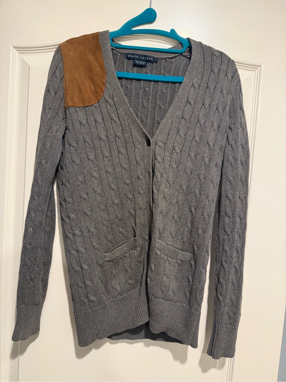 Ralph Lauren Cable Knit Shoulder Patch Sweater Small Gray